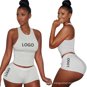 Custom LOGO Women Two Pieces Sport Sets Breathable Fitness Workout Plus Size Yoga Bra and Short Sets Solid Color for Ladies